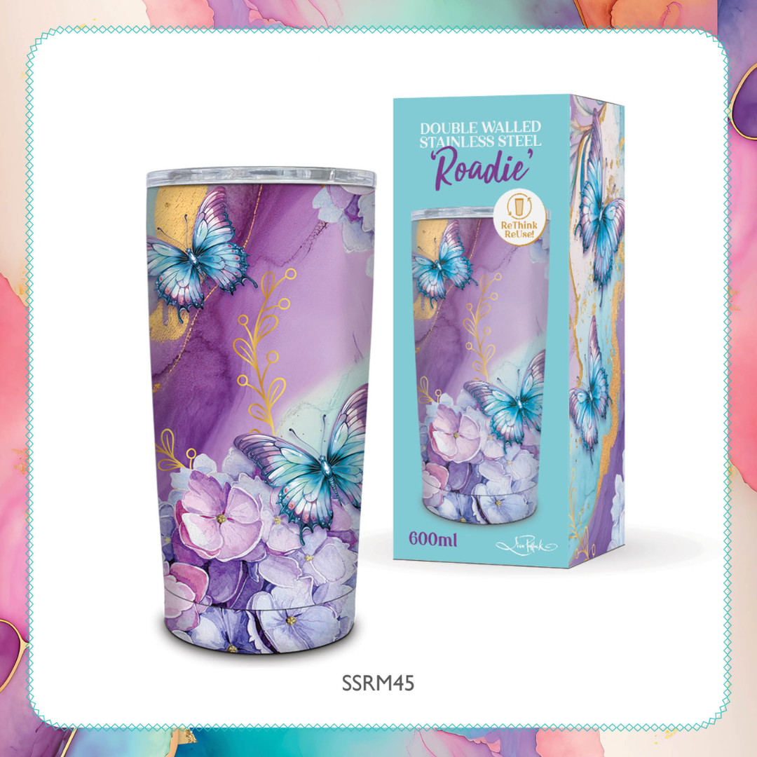 Lisa Pollock Roadie Travel Mug Amethyst Butterfly SSRM45 - Mooroolbark Wool