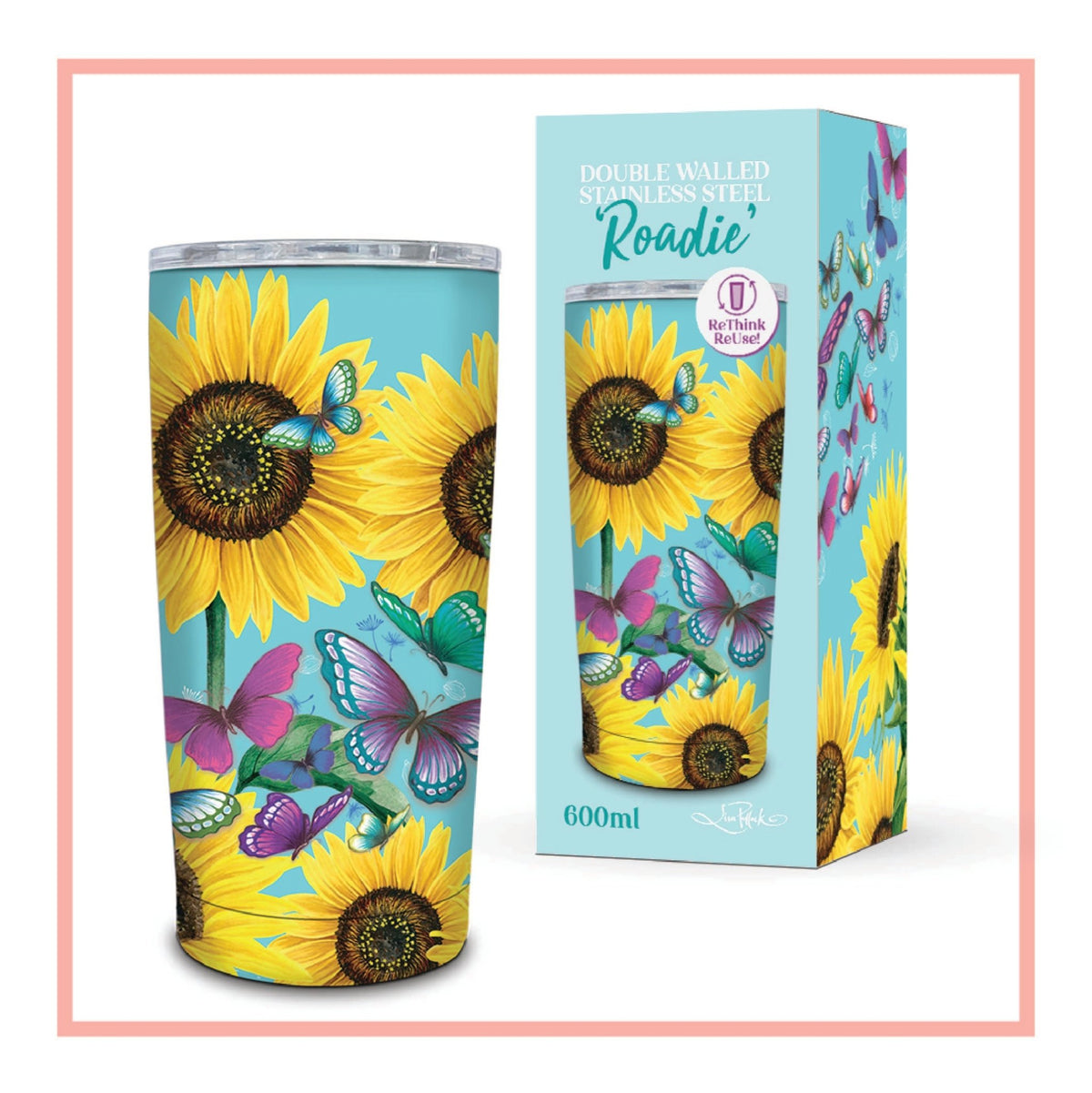 Lisa Pollock Roadie Travel Mug Sunny Butterflies SSRM29 - Mooroolbark Wool