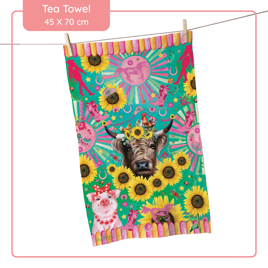 Lisa Pollock Tea Towel - Carnival Cow - TT32 - Mooroolbark Wool