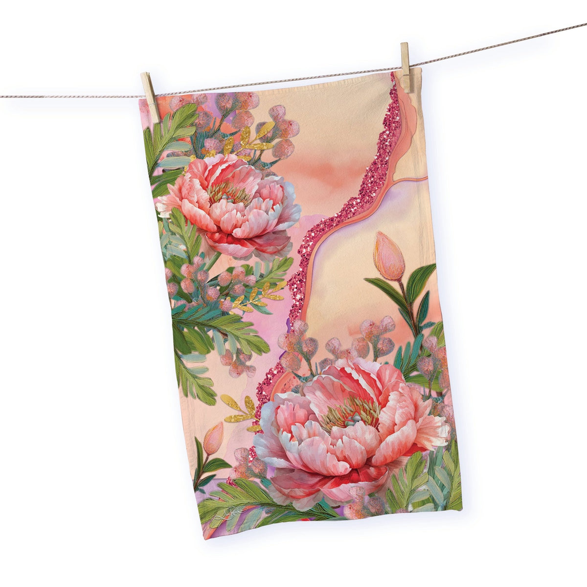 Lisa Pollock Tea Towel - Coral Peony - TT27 - Mooroolbark Wool