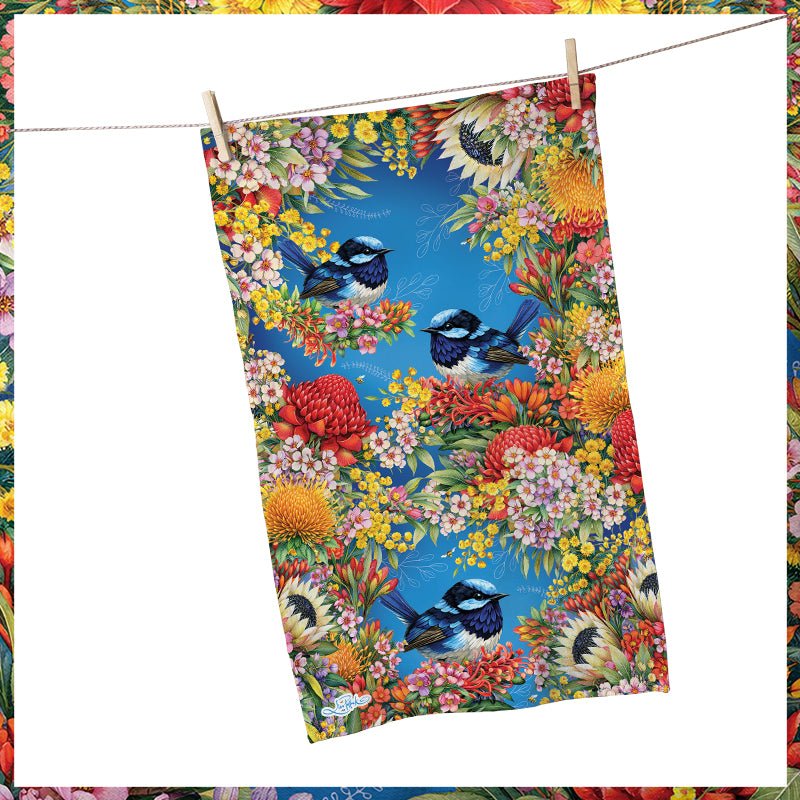 Lisa Pollock Tea Towel - Floral Fairy Wrens - TT38 - Mooroolbark Wool