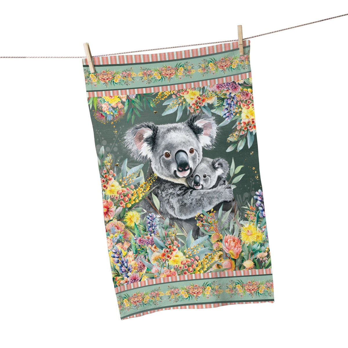 Lisa Pollock Tea Towel - Koala Cuddles - TT37 - Mooroolbark Wool