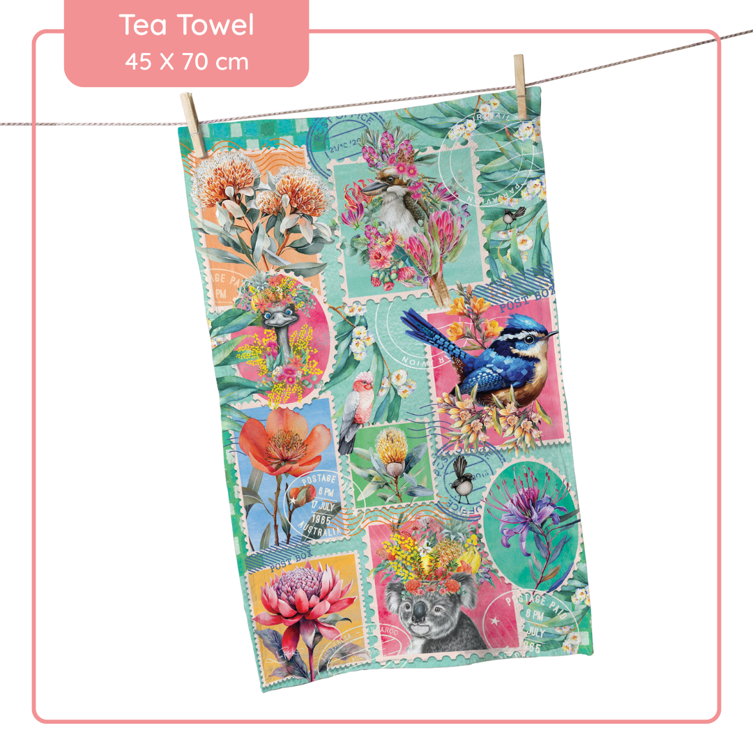 Lisa Pollock Tea Towel - Pretty Postage- TT30 - Mooroolbark Wool