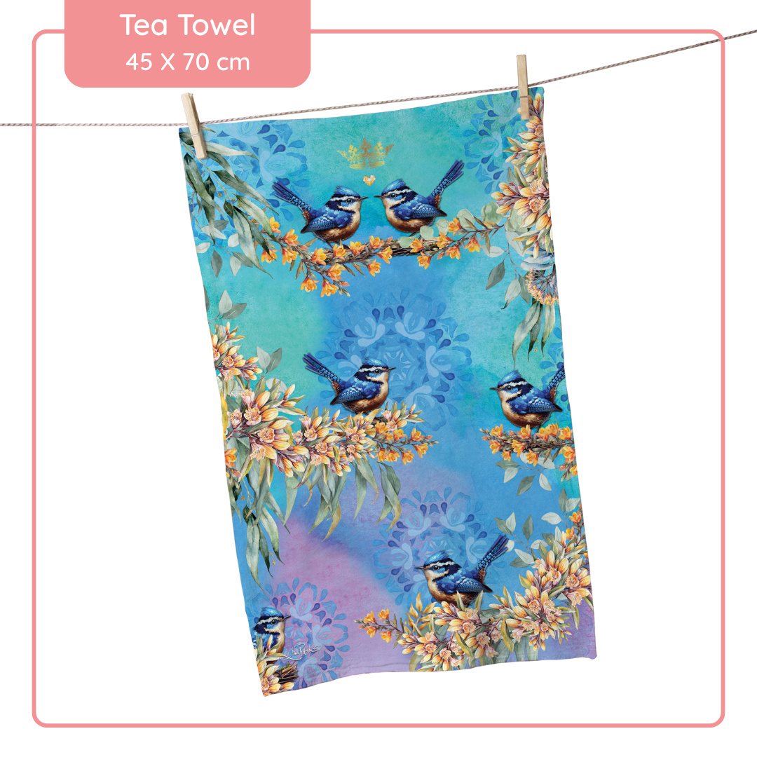 Lisa Pollock Tea Towel - Royal Wrens - TT29 - Mooroolbark Wool