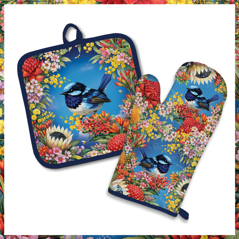 Lisa Pollock Oven Mitt Pot Holder Set floral fairy wrens - OMPH32