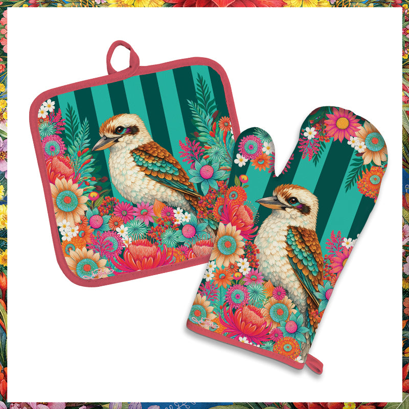 Lisa Pollock Oven Mitt Pot Holder Set brilliant kookaburra - OMPH34