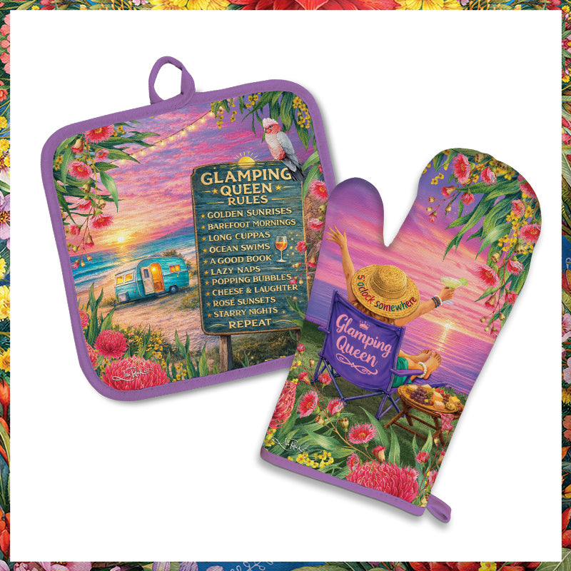 Lisa Pollock Oven Mitt Pot Holder Set Glamping Queen Rules - OMPH36