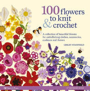 A photoshoot of 100 Flowers to Knit & Crochet on a white background